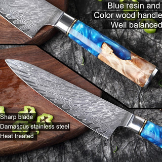 Exquisite Damascus Steel Japanese Chef Knife: Precision and Style in Blue Resin Color Wood